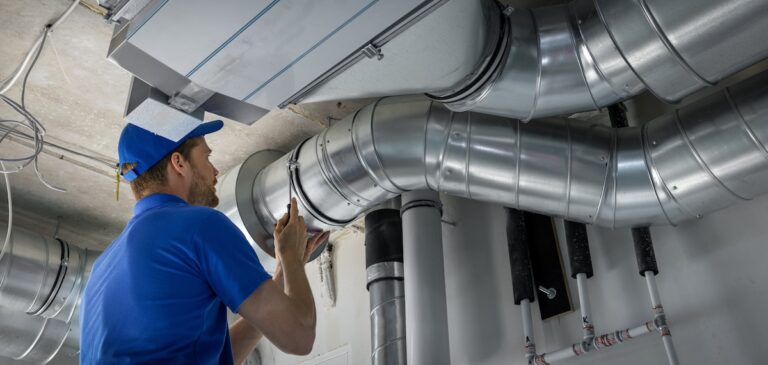 hvac worker install ducted pipe system for ventilation and air conditioning.