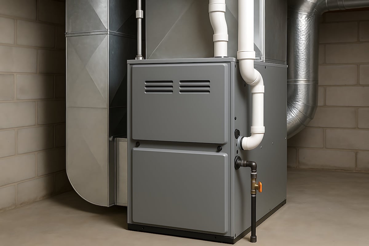 A modern gray furnace installed in a basement, featuring ductwork and ventilation pipes, designed for home heating.