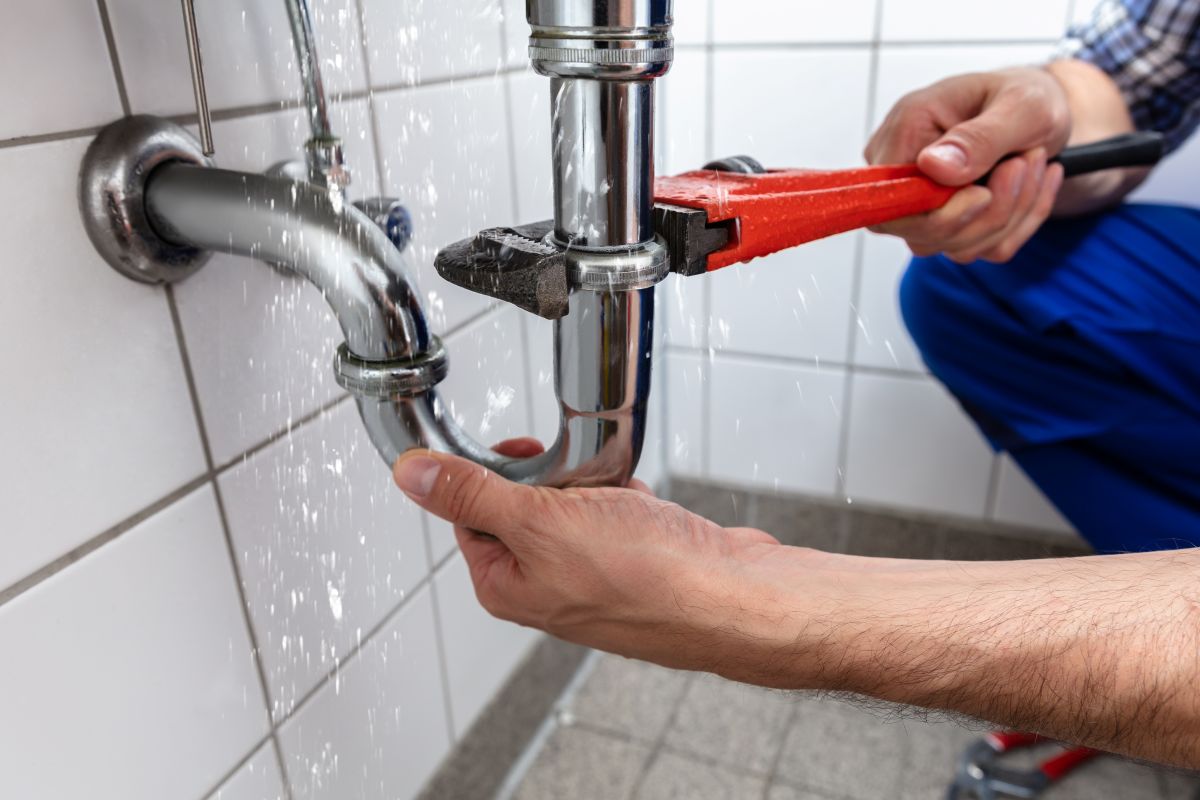 Plumbing technician turning off valve fixing sink inside bathroom house