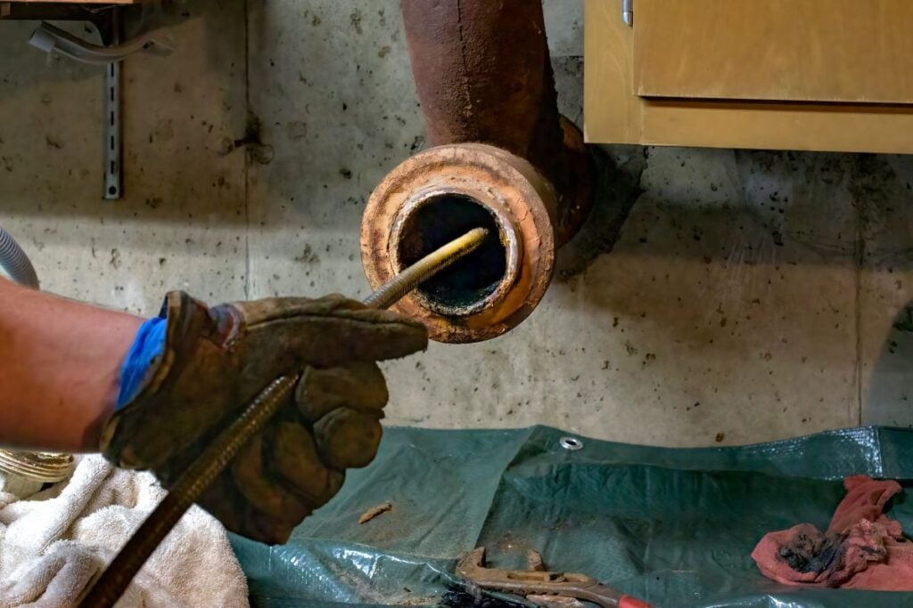 clogged drain worker using hose inside pipe