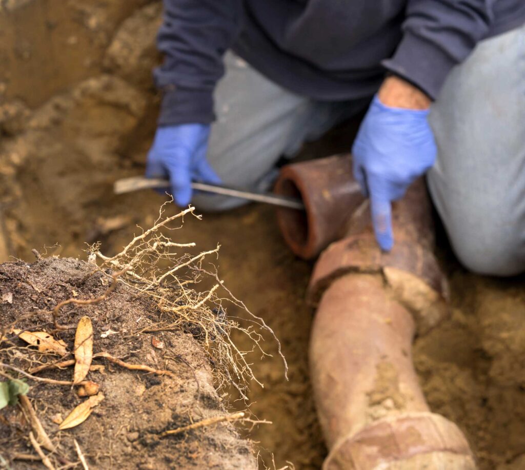 Plumber-Man-Digging-Tree-Roots-Out-of-Old-Clogged-Clay-Ceramic-Sewer-Pipe